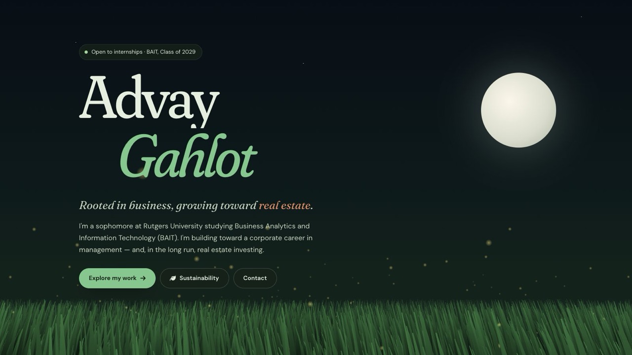 The website's home page in night mode: a dark sky, a full moon and fireflies over the grass field